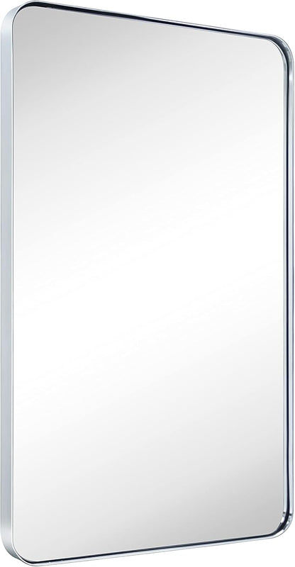GRACTO 24 x 36'' Polished Nickel Rectangle Bathroom Vanity Mirror for Wall Polished Silver Metal Framed Rounded Rectangular Bathroom Vanity Mirrors, Vertical and Horizontal Hanging…