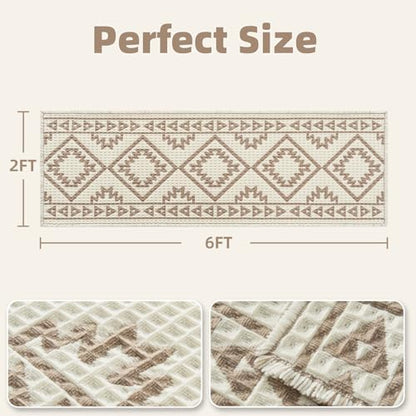 PADOOR-Waffle Bathroom Runner 24"x72", Super Absorbent Bath Mats for Bathroom, Machine Washable Non Slip Bath Rug with Tassels, Soft Bath Mat for Laundry Room, Bedroom, Cream & Brown, 2'x 6'