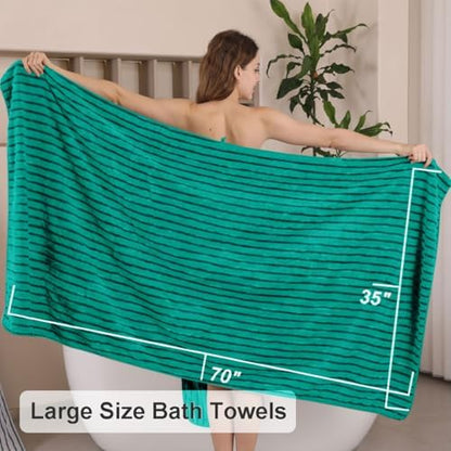 8 Pcs Blue Green Cabana Stripe Large Bath Towel Set - Oversize Bath Sheet, 2 Bathroom Towels, 2 Hand Towels, 4 Washcloths - Soft, Jumbo, Absorbent Shower Towel - Quick Dry, Beach, Spa, Gym Towel