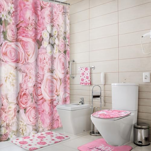 Honoson 8 Pcs Spring Floral Shower Curtain Set with Rugs and Towels