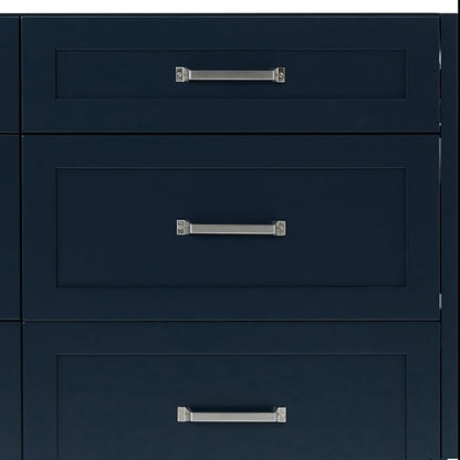ARIEL Monroe 72-inch Bathroom Vanity with Sink,Solid Wood, 1.5-inch Carrara White Quartz Countertop & Backsplash, Double Oval Porcelain Sink, 9 Dovetail Drawers, Brushed Nickel, Midnight Blue