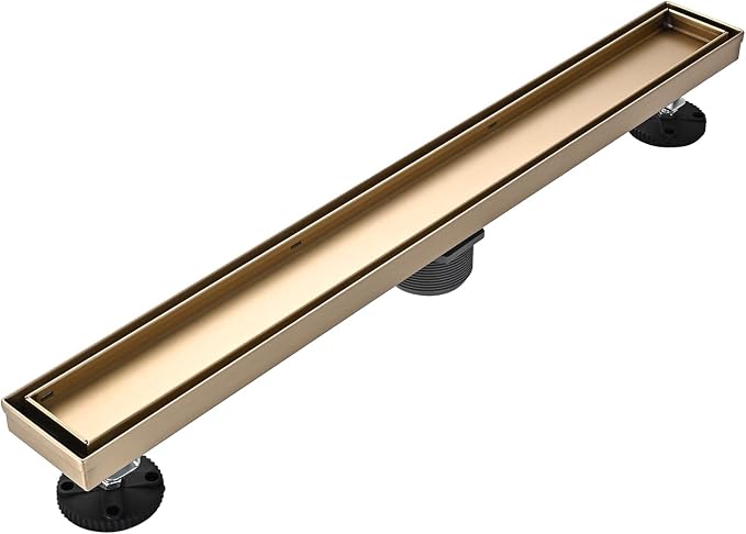Linear Shower Floor Drain, Brushed Gold 24 Inch 304 Stainless Steel Bathroom Drains Kit, Rectangular Shower Trench Drain with Reversable Tile-in Pattern Drain Cover & Hair Catcher