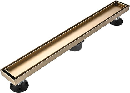 Linear Shower Floor Drain, Brushed Gold 24 Inch 304 Stainless Steel Bathroom Drains Kit, Rectangular Shower Trench Drain with Reversable Tile-in Pattern Drain Cover & Hair Catcher