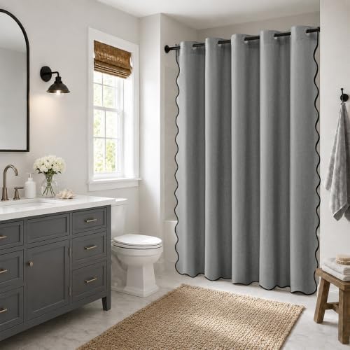 Furlinic Grey Scalloped Shower Curtain No Hook 84 Inch Long Fabric Modern