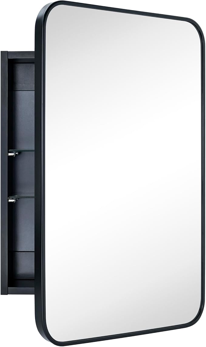 GRACTO 16.5x24 Black Recessed and Surface Mount Bathroom Medicine Cabinet with Mirror Matt Black Metal Framed Rounded Rectangle Medicine Cabinet