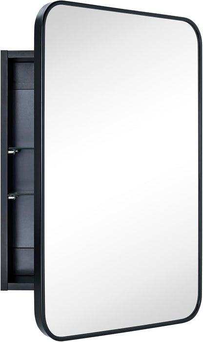 GRACTO 16.5x24 Black Recessed and Surface Mount Bathroom Medicine Cabinet with Mirror Matt Black Metal Framed Rounded Rectangle Medicine Cabinet