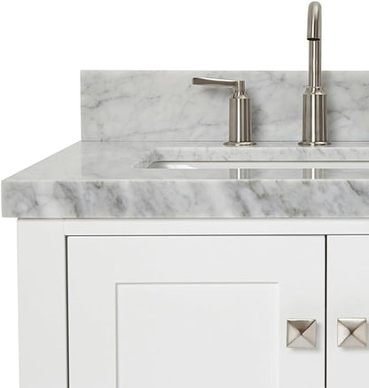 ARIEL Cambridge 36-inch Bathroom Vanity with Sink,Solid Wood, 1.5-inch Italian Carrara Marble Countertop, Single Rectangular Porcelain Sink, 2 Soft Closing Doors, 5 Dovetail Drawers, White