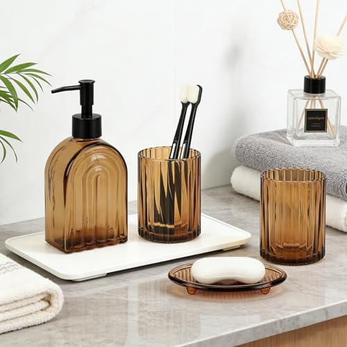 Bathroom Accessories Set, 4Pcs Glass Bathroom Accessories Set Complete, 13.5OZ Lotion Soap Dispenser, Toothbrush Holder, Mouthwash Cup, Soap Dish for Bathroom Decor, Countertop Organizer (Amber)