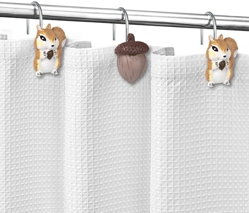 Sunlit Fall Autumn Decorative Shower Curtain Hooks, Chipmunk Acorn Shower Curtain Rings, Resin, Brown Cute Bathroom Curtain Hangers Decoration, Set of 12