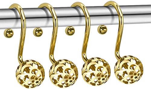 Chictie Gold Shower Curtain Hooks Rings,Set of 12 Brass Decorative Bling Metal Rustproof Shower Hangers Rings for Bathroom Curtains Rods Hollow Ball Design
