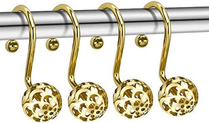 Chictie Gold Shower Curtain Hooks Rings,Set of 12 Brass Decorative Bling Metal Rustproof Shower Hangers Rings for Bathroom Curtains Rods Hollow Ball Design