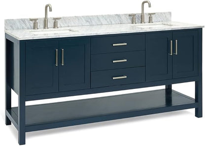 ARIEL Magnolia 72-inch Bathroom Vanity with Sink,Solid Wood, 0.75-inch Italian Carrara Marble Countertop, Double Rectangular Porcelain Sink, 4 Soft Closing Doors, 3 Dovetail Drawers, Midnight Blue