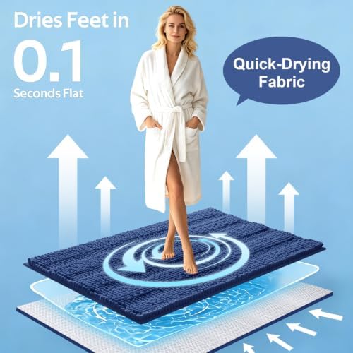 Striped Denim Blue Bathroom Rug Set 3 Pieces Ultra Soft, Non Slip Chenille Bath Carpet, Absorbent Plush Shaggy Bath Mats for Bathroom, Toilet, Bedroom, Kitchen