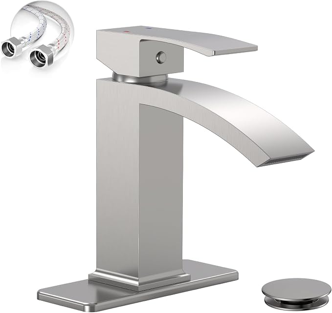 Brushed Nickel Waterfall Bathroom Faucets for 1 or 3 Holes, Brass | Brass Single Handle Bathroom Sink Faucet for Lavatory Commercial Vanity Basin Taps with Deck Plate Pop Up Drain & Supply Line