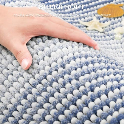 BSICPRO Bathroom Rugs Sets 2 Piece, Non Slip Striped Bath Mats, Denim Blue