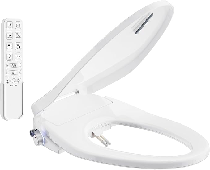SR SUN RISE Electric Bidet Toilet Seat Elongated - Dual Nozzles for Female & Hip, Comfort Heated Seat & Air Dryer, 6 Wash Modes, Remote & Knob Control, Silent Close Lid, Nightlight, Ultra-Slim