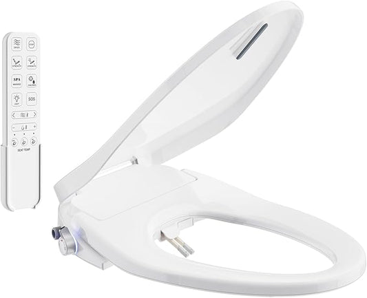 SR SUN RISE Electric Bidet Toilet Seat Elongated - Dual Nozzles for Female & Hip, Comfort Heated Seat & Air Dryer, 6 Wash Modes, Remote & Knob Control, Silent Close Lid, Nightlight, Ultra-Slim