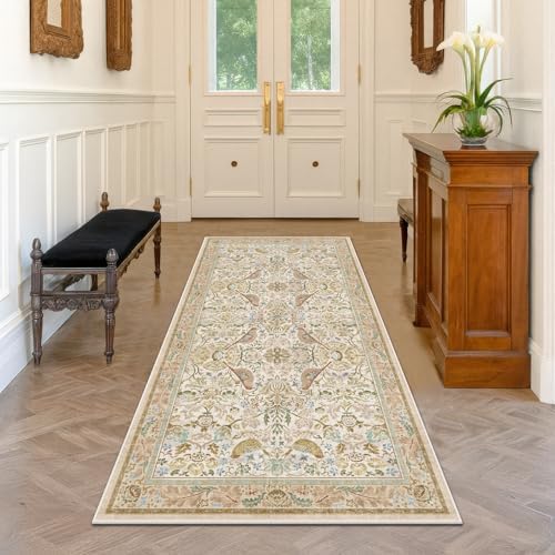 3x6 Washable Rug for Large Entryway - Boho Bird Rugs for Kitchen, Bedroom Beside Bed, Indoor Entrance Door Mat with Moody Woodland Flowers, Non-Slip Stain Resistant Low Pile