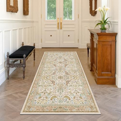 3x6 Washable Rug for Large Entryway - Boho Bird Rugs for Kitchen, Bedroom Beside Bed, Indoor Entrance Door Mat with Moody Woodland Flowers, Non-Slip Stain Resistant Low Pile