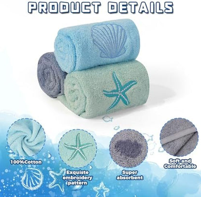 3 Pcs Coastal Hand Towels Ocean Decorative Bathroom Towels Decors Beach Hand Towel Embroidered Towel Decorative Set 100% Cotton Soft Absorbent Towels for Bathroom Decors