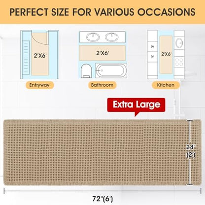 Extra Large Waffle Bath Mat Beige 6'x2'(72" x 24"), Boho Woven Modern Bath Mat Rugs, Absorbent Non Slip Bathroom Rugs, Soft Washable Bath Rugs with Tassels for Bathroom, Bedroom, Kitchen, Shower, Tub
