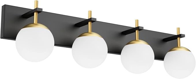 Ralbay Mid Century Modern Vanity Lights - 4-Light Milky Glass Globe Modern Bathroom Vanity Lights Over Mirror, Black/Golden Bathroom Wall Light Fixture