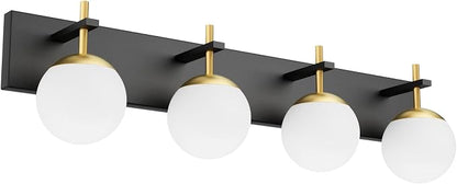 Ralbay Mid Century Modern Vanity Lights - 4-Light Milky Glass Globe Modern Bathroom Vanity Lights Over Mirror, Black/Golden Bathroom Wall Light Fixture