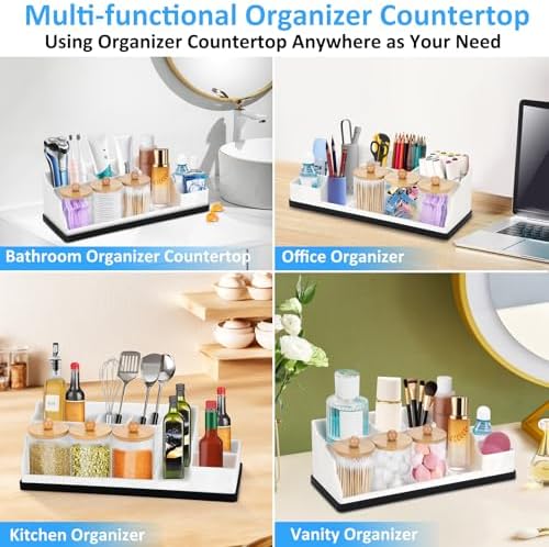 Bathroom Organizer Countertop, White Silicone Toothbrush Holders for Bathrooms with 3PCS Qtip Holder Dispenser, Toothbrush and Toothpaste Holder for Bathroom Counter Organization Storage Vanity