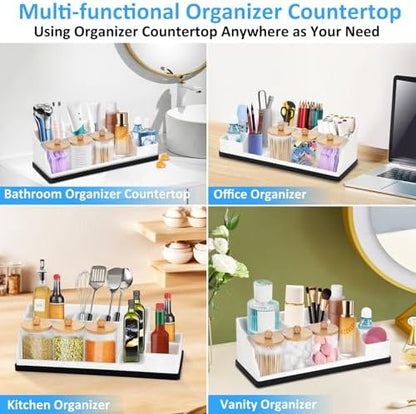 Bathroom Organizer Countertop, White Silicone Toothbrush Holders for Bathrooms with 3PCS Qtip Holder Dispenser, Toothbrush and Toothpaste Holder for Bathroom Counter Organization Storage Vanity