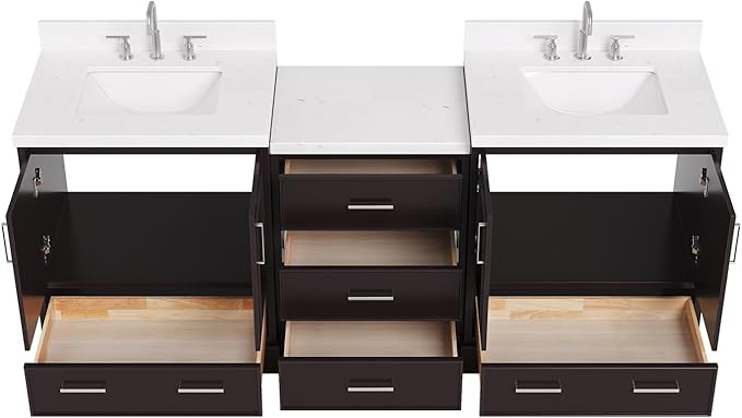 ARIEL Stafford 84-inch Bathroom Vanity with Sink,Solid Wood, 1.5in Carrara White Quartz Countertop, Double Rectangular Porcelain Sink, 4 Soft Closing Doors, 5 Dovetail Drawers, Espresso