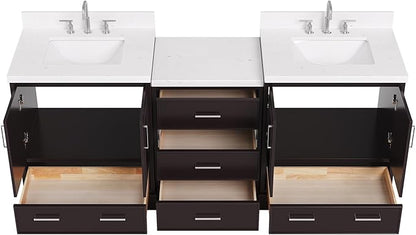 ARIEL Stafford 84-inch Bathroom Vanity with Sink,Solid Wood, 1.5in Carrara White Quartz Countertop, Double Rectangular Porcelain Sink, 4 Soft Closing Doors, 5 Dovetail Drawers, Espresso