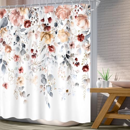 Floral Coral Pink Colorful Blue Eucalyptus Bathroom Shower Curtain Set