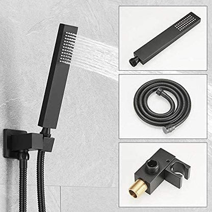 Matte Black Rain Shower System Tub Shower Faucet Set 12 Inch Square Rainfall Shower Head with Handheld Sprayer and Tub Spout Rough-in Valve Shower Mixer Combo Kit
