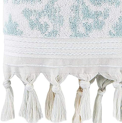 SKL Home Mirage Fringe Hand Towel Set-2pc, 100% Turkish Cotton, Aqua | 640 GSM weight. Spa-level quality. Soft & absorbent, reversible jacquard. For the bathroom, kitchen, bar or any sink space.