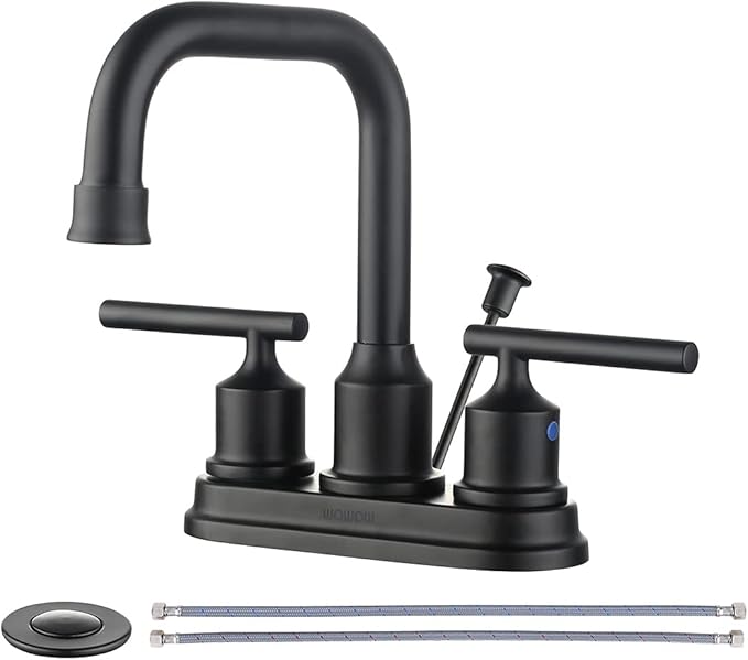 WOWOW Bathroom Faucet Black 4 inch Bathroom Sink Faucet Centerset Lift Rod Drain Stopper 2 Handle Lavatory Vanity Tap High Arc Modern