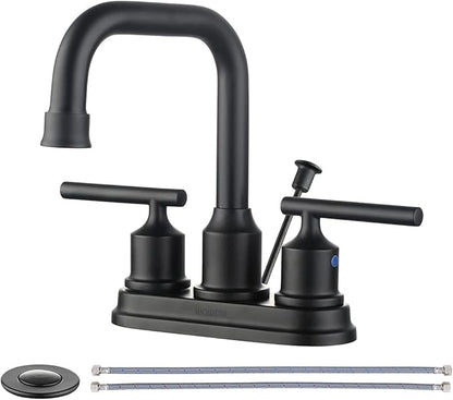 WOWOW Bathroom Faucet Black 4 inch Bathroom Sink Faucet Centerset Lift Rod Drain Stopper 2 Handle Lavatory Vanity Tap High Arc Modern