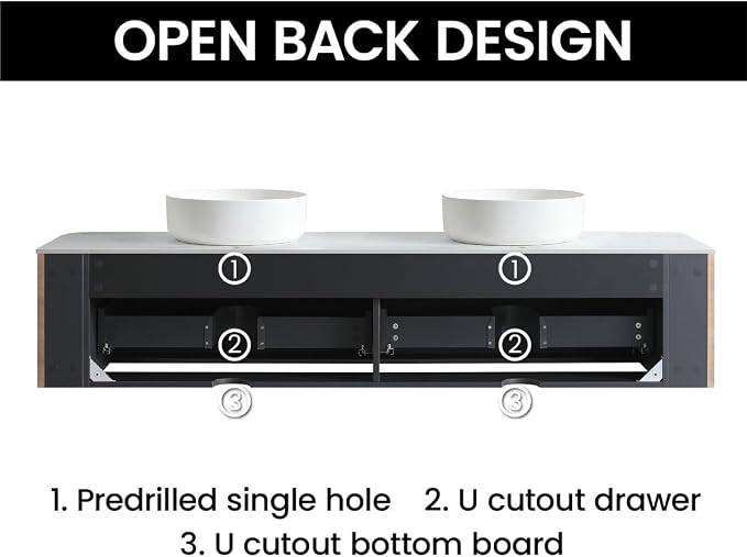 72" Preassembled Double Floating Bathroom Vanity with Round Sink, Oak | Mid-Century Modern Style, Fluted & Soft-Close Drawer with U-shaped Wall, Sinterted Stone Countertop, Towel Rack Included