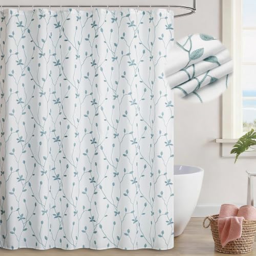 Embroidered Leaf Farmhouse Shower Curtain,Faux Linen,72Wx72L,White Teal