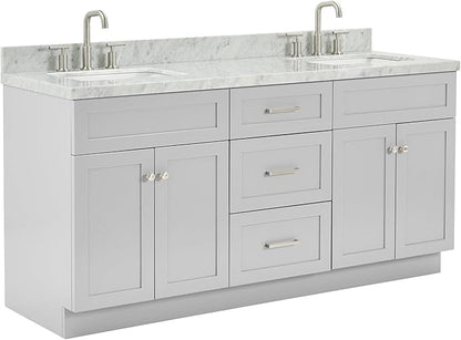 ARIEL Hamlet 72-inch Bathroom Vanity with Sink,Solid Wood, 1.5-inch Italian Carrara Marble Countertop & Backsplash, Double Rectangular Porcelain Sink, 4 Soft Closing Doors, 3 Dovetail Drawers, Grey