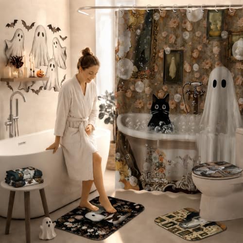 FuWeave 8 Pcs Halloween Shower Curtain Set, Vintage Ghost Black Cat Bathroom Decor with Floral Pattern, Include Non-Slip Bath Mat, Toilet Lid Cover, Towels and 12 Hooks for Spooky Gothic Bathroom