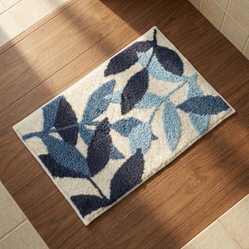 Bath Mat Leaves Blue Area Rug Non-Slip Soft Absorbent Bathroom Rugs Machine Washable Bath Rug Floor Carpet Entryway Door Mat for Tub Shower Decor 19.5 X 31.5 Inches