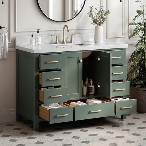 ARIEL Cambridge 48-inch Bathroom Vanity with Sink,Solid Wood, 1.5-inch Italian Carrara Marble Countertop, Single Rectangular Porcelain Sink, 2 Soft Closing Doors, 9 Dovetail Drawers, Vintage Green