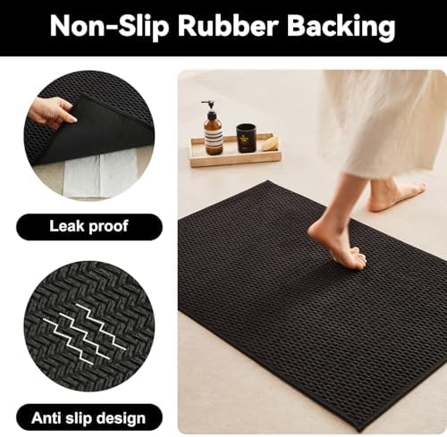 Triohero Bathroom Runner Rug, Long Bath Mat Washable Thin Quick Dry Low Pile Bathroom Runner Rugs 24 x 60 Non Slip, Black 24"x60"