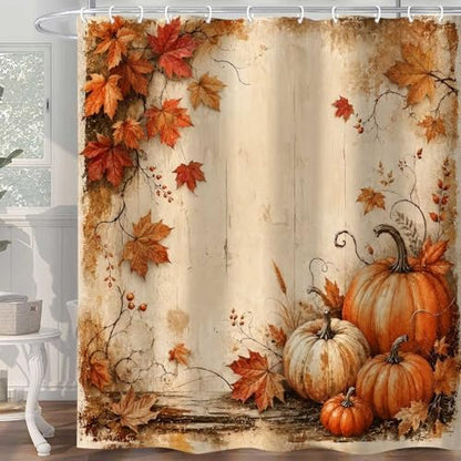 Fall Shower Curtain, Pumpkin Maple Leaves Vintage Wood Bathroom Curtain, Autumn Harvest Farmhouse Thanksgiving Bathroom Decor, Waterproof Polyester Fabric Shower Curtain with Hooks, 72x72 Inch