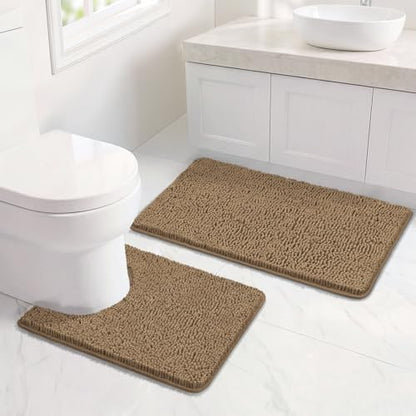 Bcoimo U Shaped Bath Rug Mat Set,2 Piece Chenille Tan Toilet Bathroom Rugs