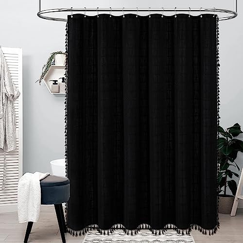 BTTN Stall Boho Farmhouse Linen Heavy Duty Shower Curtain Set, 36x72, Black
