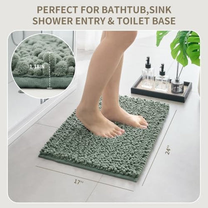 Bathroom Rugs Non Slip Washable, Extra Thick Soft Chenille Absorbent Bath Mat, High Density Barrier Non Slip Backing, Quick Dry Plush Shaggy Floor Carpet for Tub&Shower 24x17, Sage Green