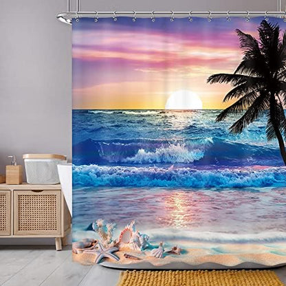 Ocean Sunrise Shower Curtain Beach Tropical Palm Tree Hawaiian Bathroom Set