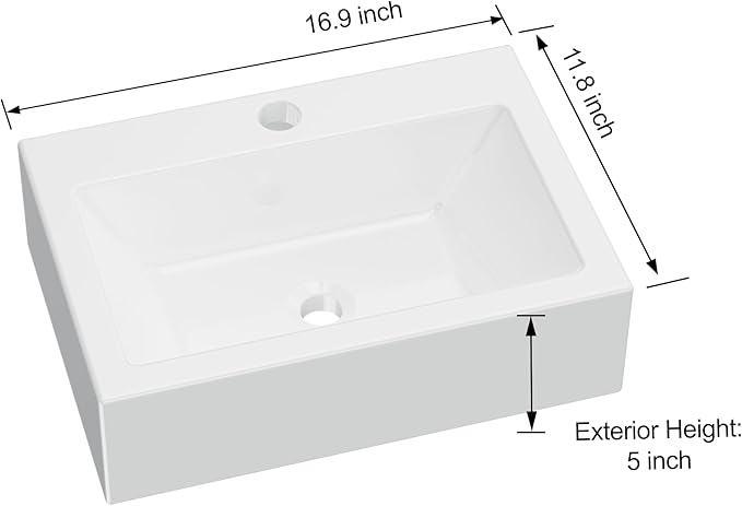 Floating Bathroom Vessel Sink Wall Mount, Hugsleek 16 x 12 inch Rectangle White Porcelain Ceramic Vessel Sink Wall Mounted Hang Bath Sink Bowl Basin Lavatory Vanity Restroom With Faucet Hole