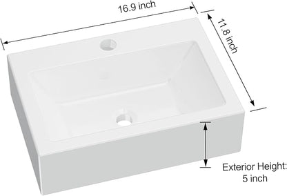 Floating Bathroom Vessel Sink Wall Mount, Hugsleek 16 x 12 inch Rectangle White Porcelain Ceramic Vessel Sink Wall Mounted Hang Bath Sink Bowl Basin Lavatory Vanity Restroom With Faucet Hole